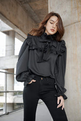 Mona Long Bishop Sleeve High Neck Frill Silk Blouse